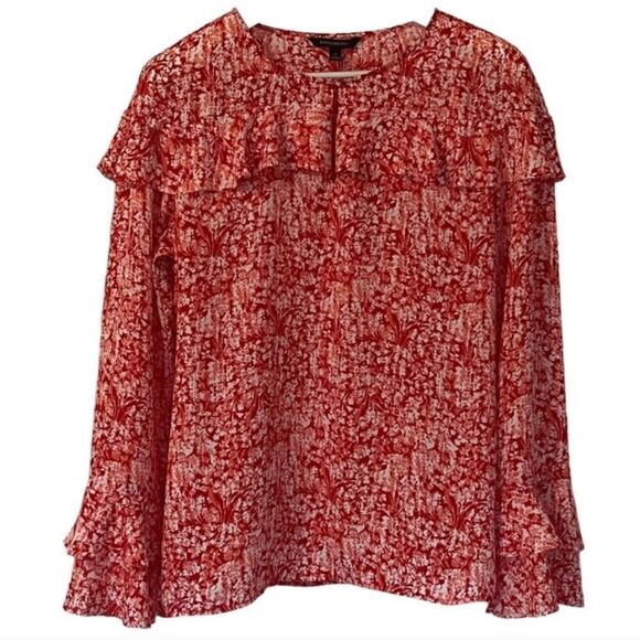 Banana Republic Floral Ruffle Blouse XSMALL Red Pink - Picture 2 of 12